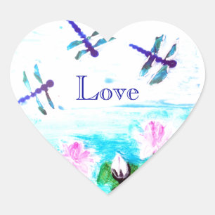 Dragonfly, Water Lily Pond Love Heart Sticker