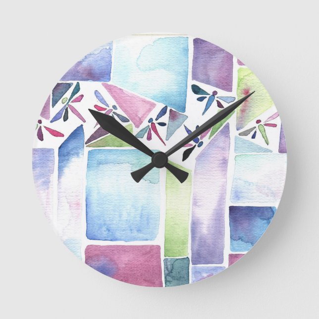 Dragonfly Watercolor Pastel Round Clock (Front)