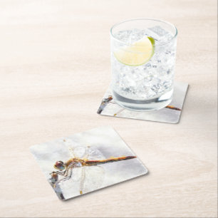Dragonfly Watercolor Pastel White Background Square Paper Coaster