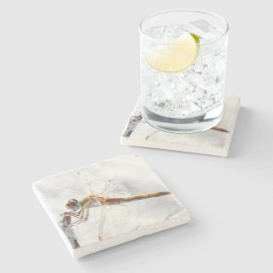 Dragonfly Watercolor Pastel White Background Stone Coaster