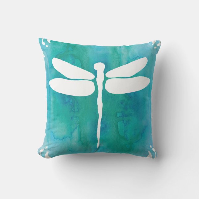 Dragonfly Watercolor White Aqua Blue Dragonflies Cushion (Front)