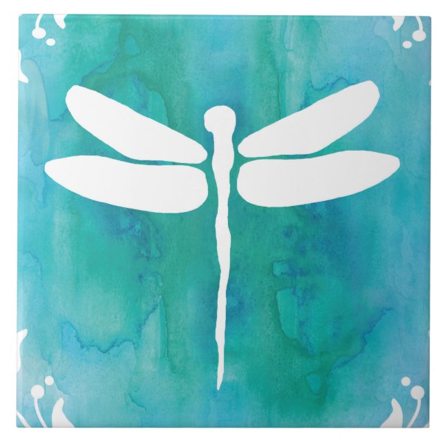 Dragonfly Watercolor White Aqua Blue Dragonflies Tile (Front)
