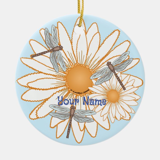Dragonfly White Daisy  Ceramic Tree Decoration (Front)