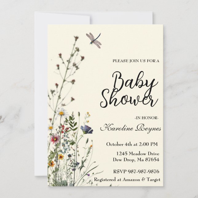 Dragonfly Wildflower Boho Baby Shower Invitation (Front)