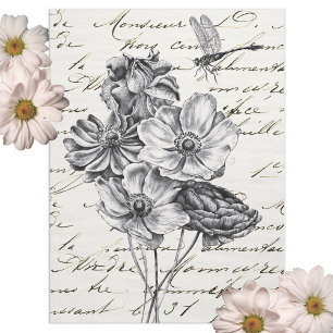 Dragonfly Wildflower French Script Decoupage Idea Tissue Paper