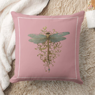 Dragonfly with Gold Filigree White Border Cushion