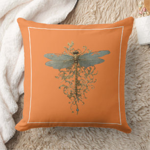 Dragonfly with Gold Filigree White Border Cushion