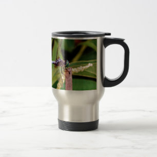 Dragonfly with white flowers travel mug