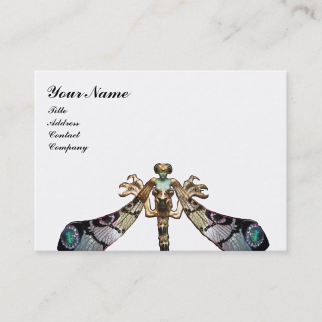 DRAGONFLY WOMAN FANTASY JEWEL Black White Business Card (Front)