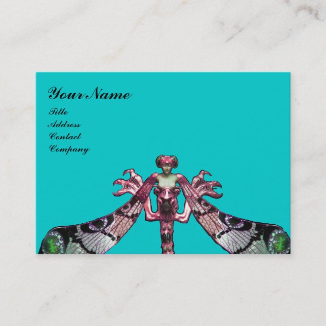 DRAGONFLY WOMAN FANTASY JEWEL Pink Aqua Blue Black Business Card (Front)