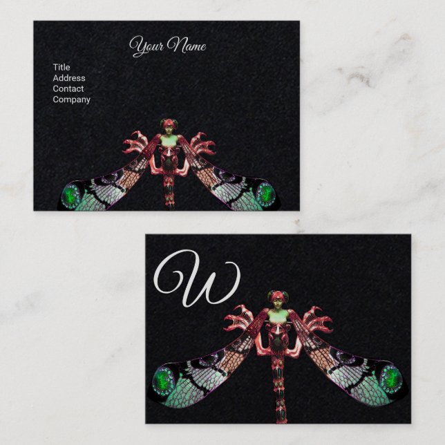 DRAGONFLY WOMAN FANTASY JEWEL Pink Black Monogram Business Card (Front/Back)