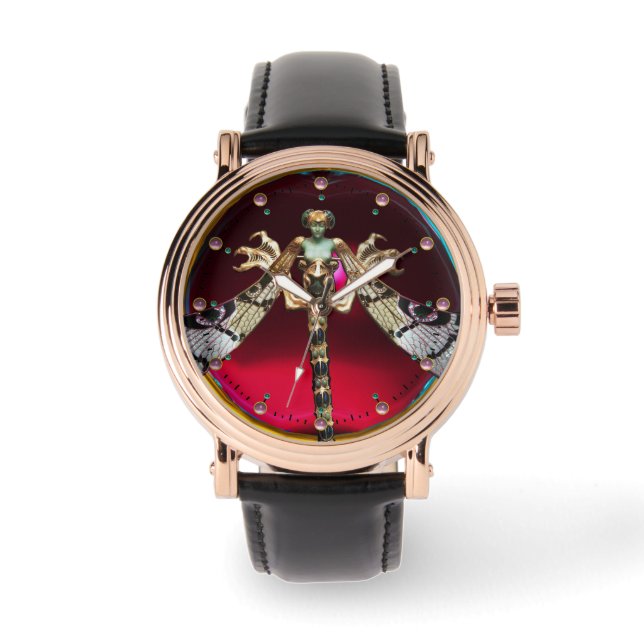 DRAGONFLY WOMAN WITH PINK GEMSTONES Red Burgundy Watch (Front)