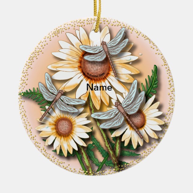 Dragonfly Yellow Daisy  Ceramic Tree Decoration (Front)