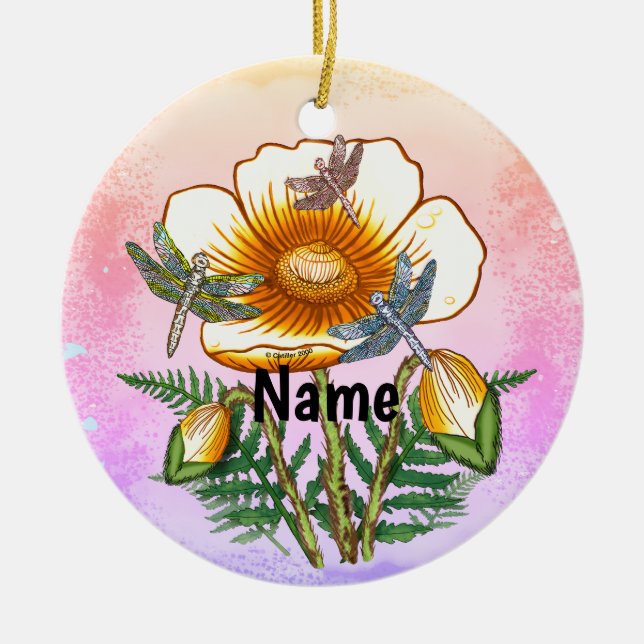 Dragonfly Yellow Poppy Ceramic Tree Decoration (Front)