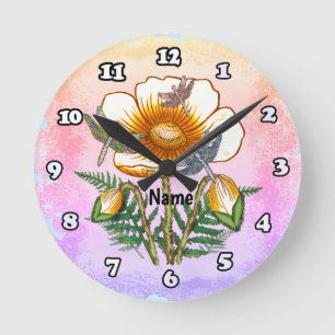 Dragonfly Yellow Poppy Round Clock