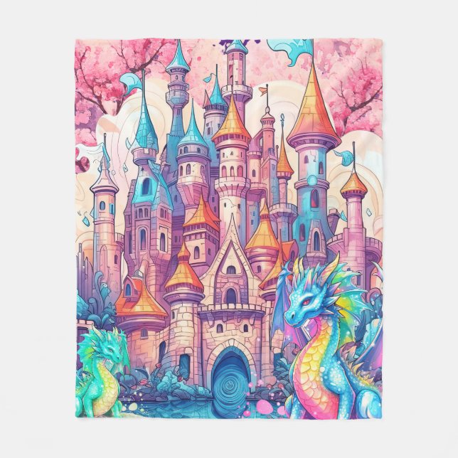 Dragons and Castle Fleece Blanket (Front)