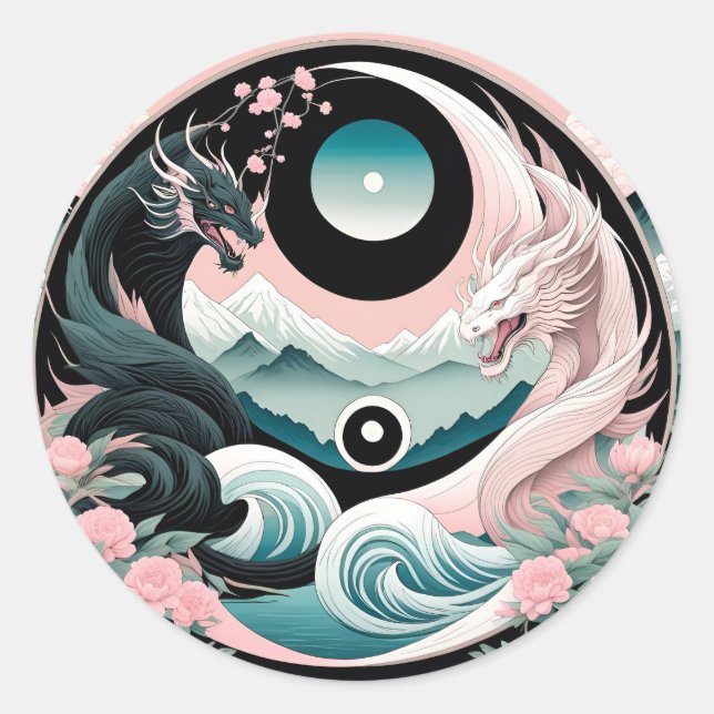 Dragons Floral Mountain Pink Sage Teal Classic Round Sticker (Front)