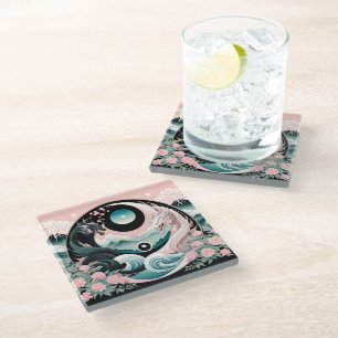 Dragons Floral Mountain Pink Sage Teal Glass Coaster