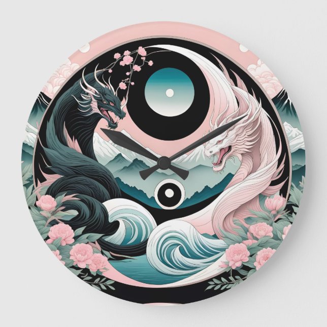 Dragons Floral Mountain Pink Sage Teal Large Clock (Front)