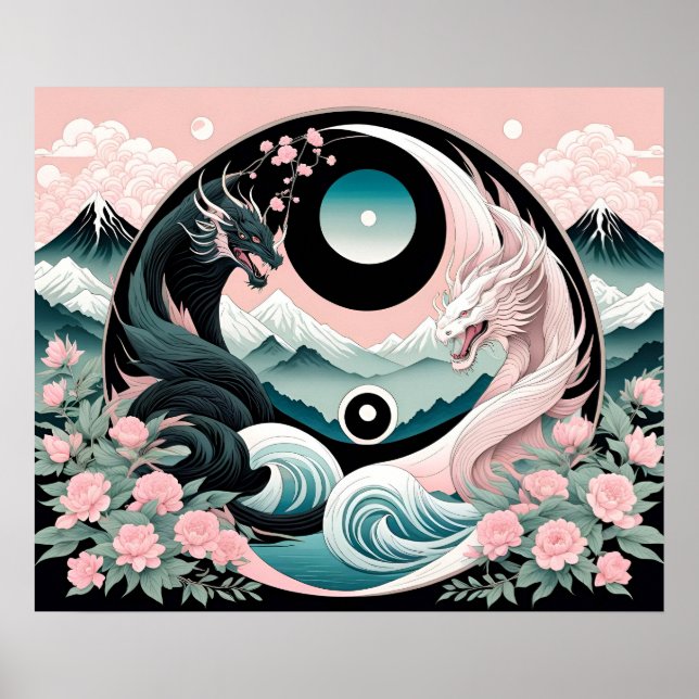 Dragons Floral Mountain Pink Sage Teal Poster (Front)