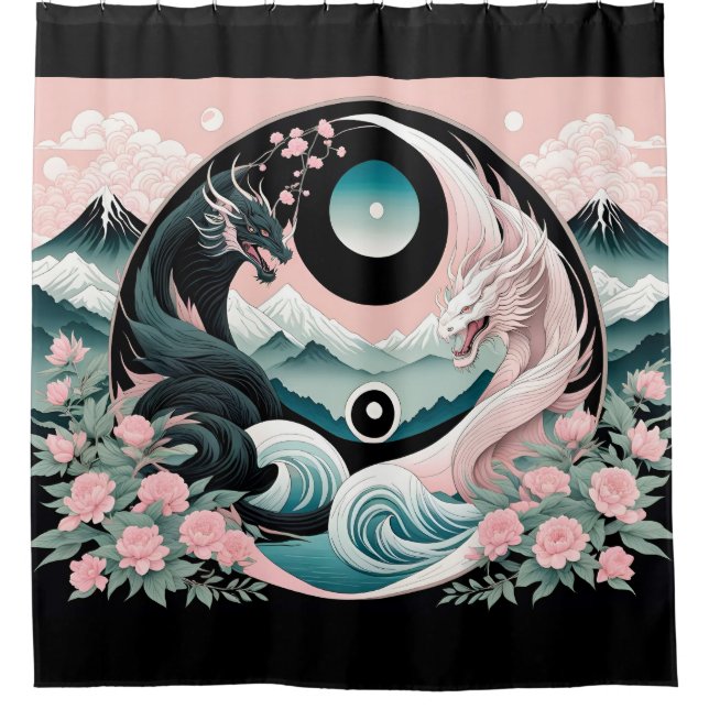 Dragons Floral Mountain Pink Sage Teal Shower Curtain (Front)