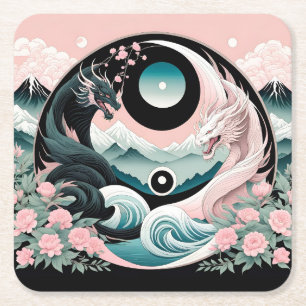 Dragons Floral Mountain Pink Sage Teal Square Paper Coaster