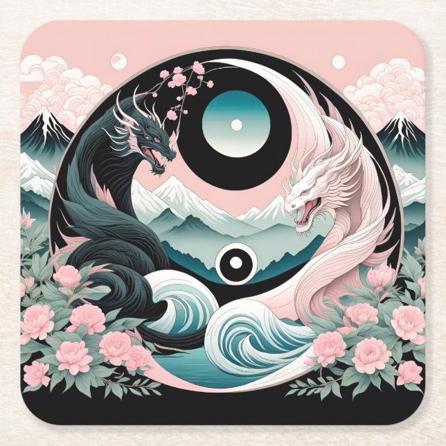 Dragons Floral Mountain Pink Sage Teal Square Paper Coaster (Front)