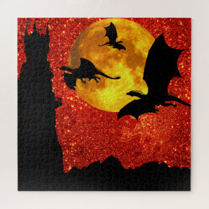 Dragons flying, cliff castle, full moon, sunrise jigsaw puzzle