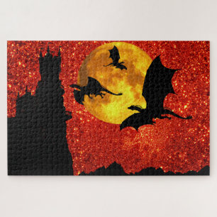 Dragons flying, cliff castle, full moon, sunrise jigsaw puzzle