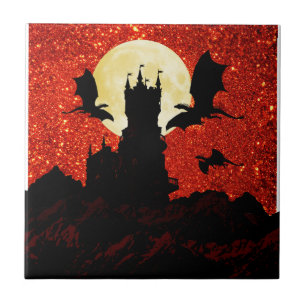 Dragons flying, cliff castle, full moon, sunrise tile