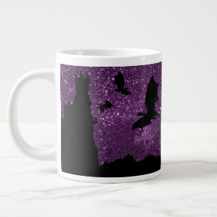 Dragons flying, Fantasy purple sky cliff castle Large Coffee Mug