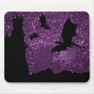 Dragons flying, Fantasy purple sky cliff castle Mouse Mat