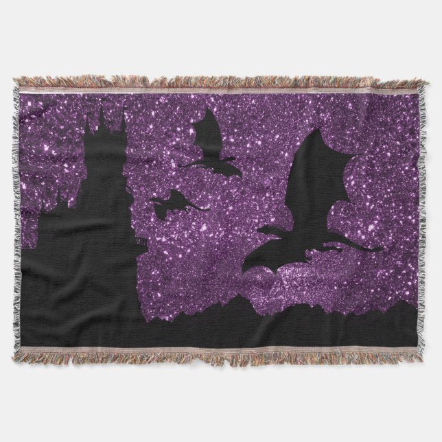 Dragons flying, Fantasy purple sky cliff castle Throw Blanket (Front)