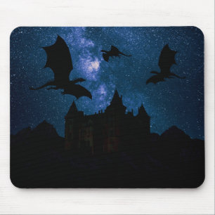 Dragons flying, midnight starry sky dragon castle mouse mat
