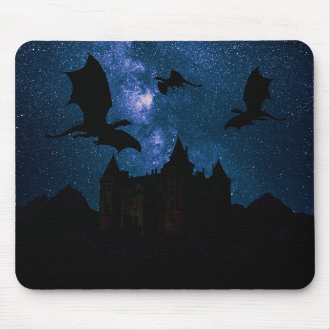 Dragons flying, midnight starry sky dragon castle mouse mat (Front)