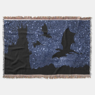 Dragons flying, Midnight stary sky cliff castle Throw Blanket