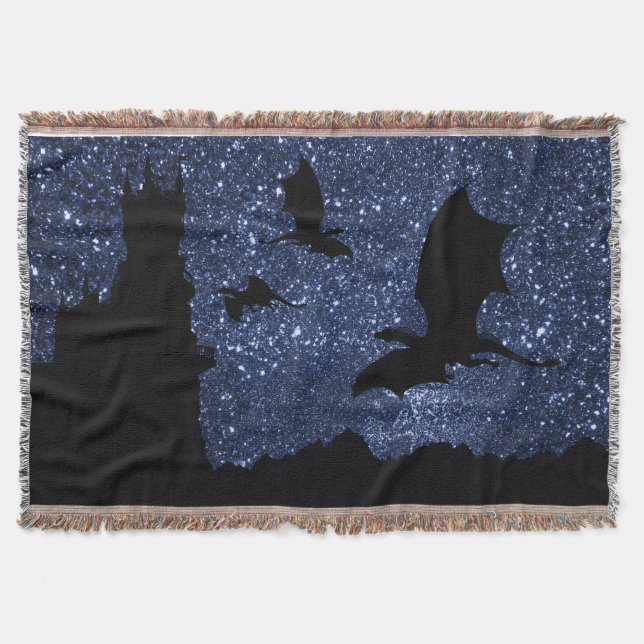 Dragons flying, Midnight stary sky cliff castle Throw Blanket (Front)