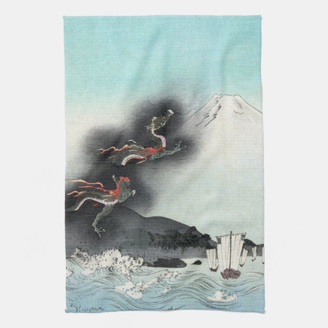 Dragon's Fury Sea Battle for Mount Fuji, Japan Tea Towel (Vertical)