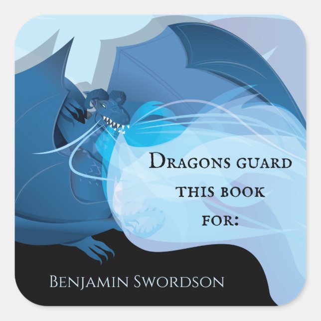 Dragons Guard This Book Blue Fire Bookplate Square Sticker (Front)