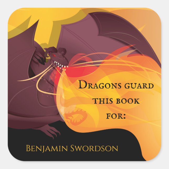 Dragons Guard This Book Fire Purple Red Bookplate Square Sticker (Front)