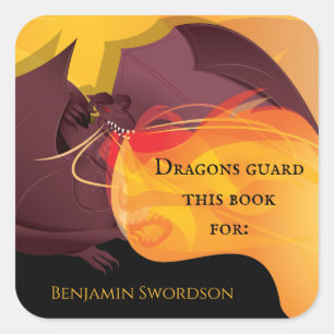 Dragons Guard This Book Fire Purple Red Bookplate Square Sticker