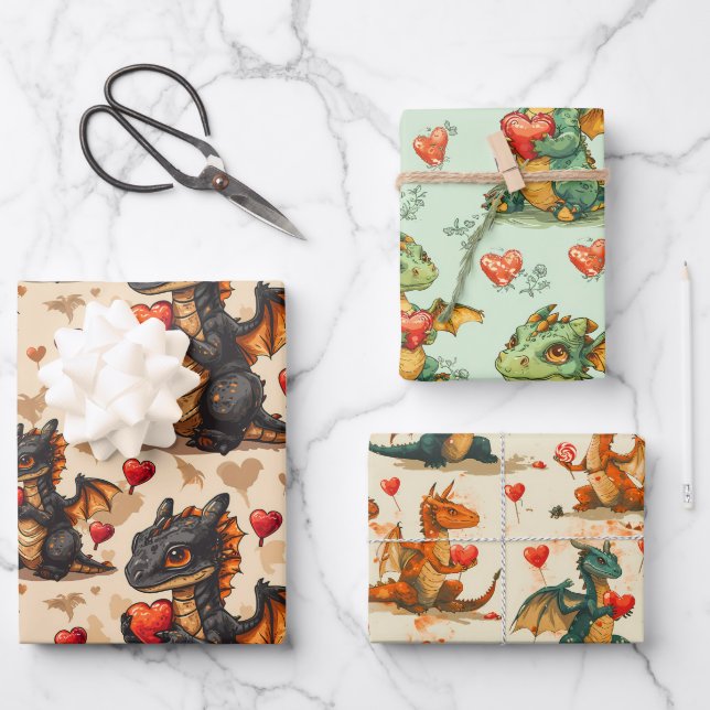Dragons Holding Hearts Valentine's Day Wrapping Paper Sheet (Front)