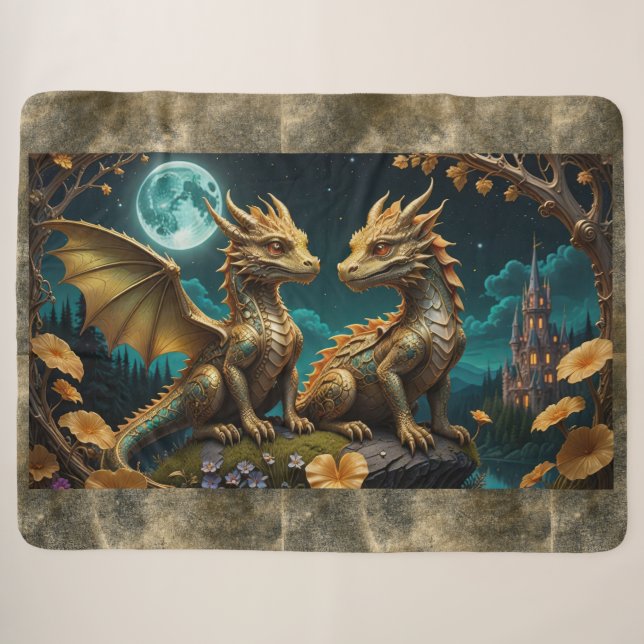 Dragon's in the moonlight sherpa blanket (Front (Horizontal))