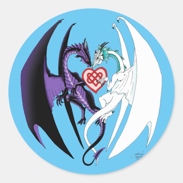 Dragons Love Heart Blue Classic Round Sticker (Front)