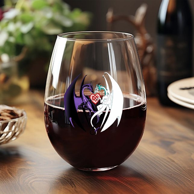 Dragons Love Heart Blue Stemless Wine Glass (Creator Uploaded)