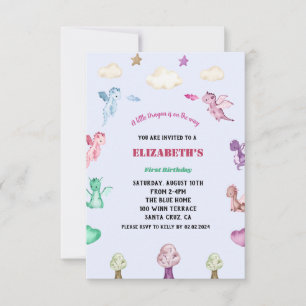 Dragons Watercolor girl Birthday  Invitation