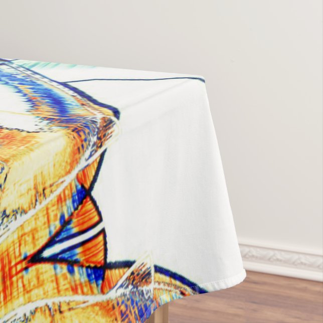 Drained ink no, image with orange, cyan blue spots tablecloth (In Situ)
