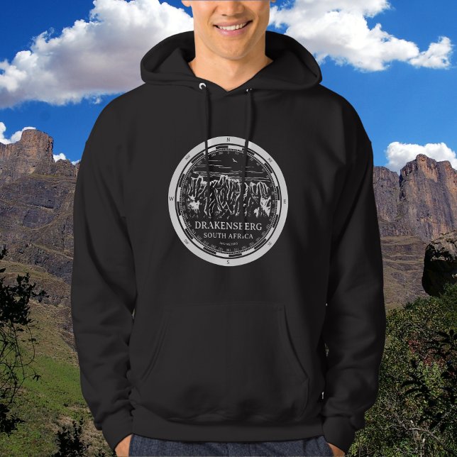 Drakensberg Mountains - South Africa  Hoodie (Drakensberg Mountains Hoodie in Back with a white compass and mountain illustration)
