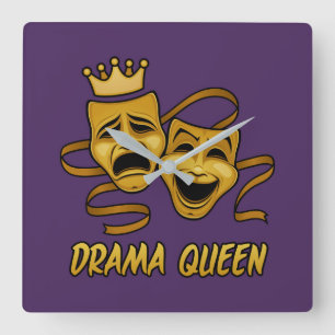 Drama Queen Comedy And Tragedy Gold Theatre Mask Square Wall Clock