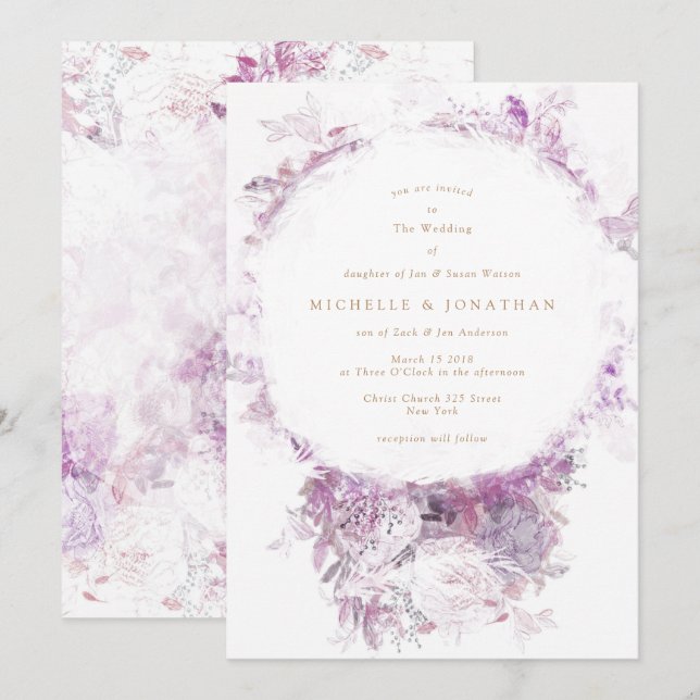 Dramatic Antique Purple Flowers Wedding Invitation (Front/Back)